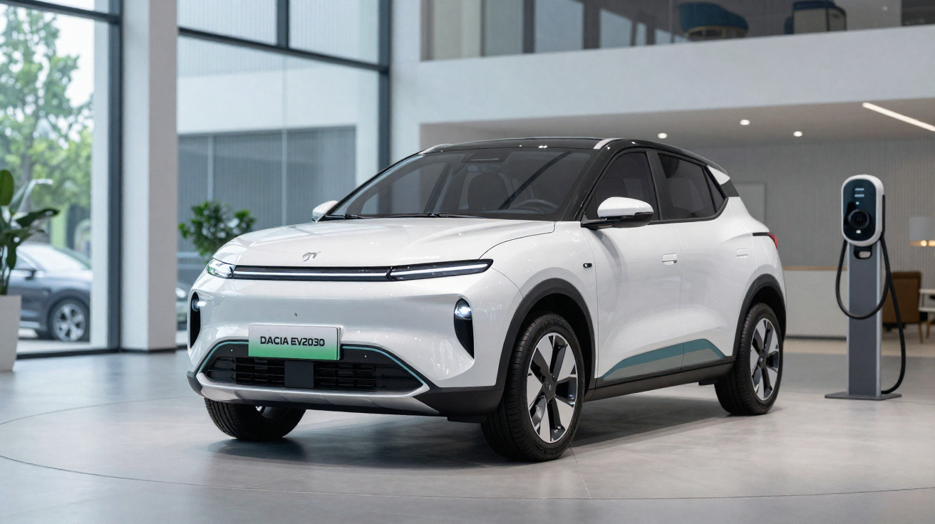 Carro elétrico branco Dacia EV2030 estacionado em showroom moderno com estação de carregamento ao lado.