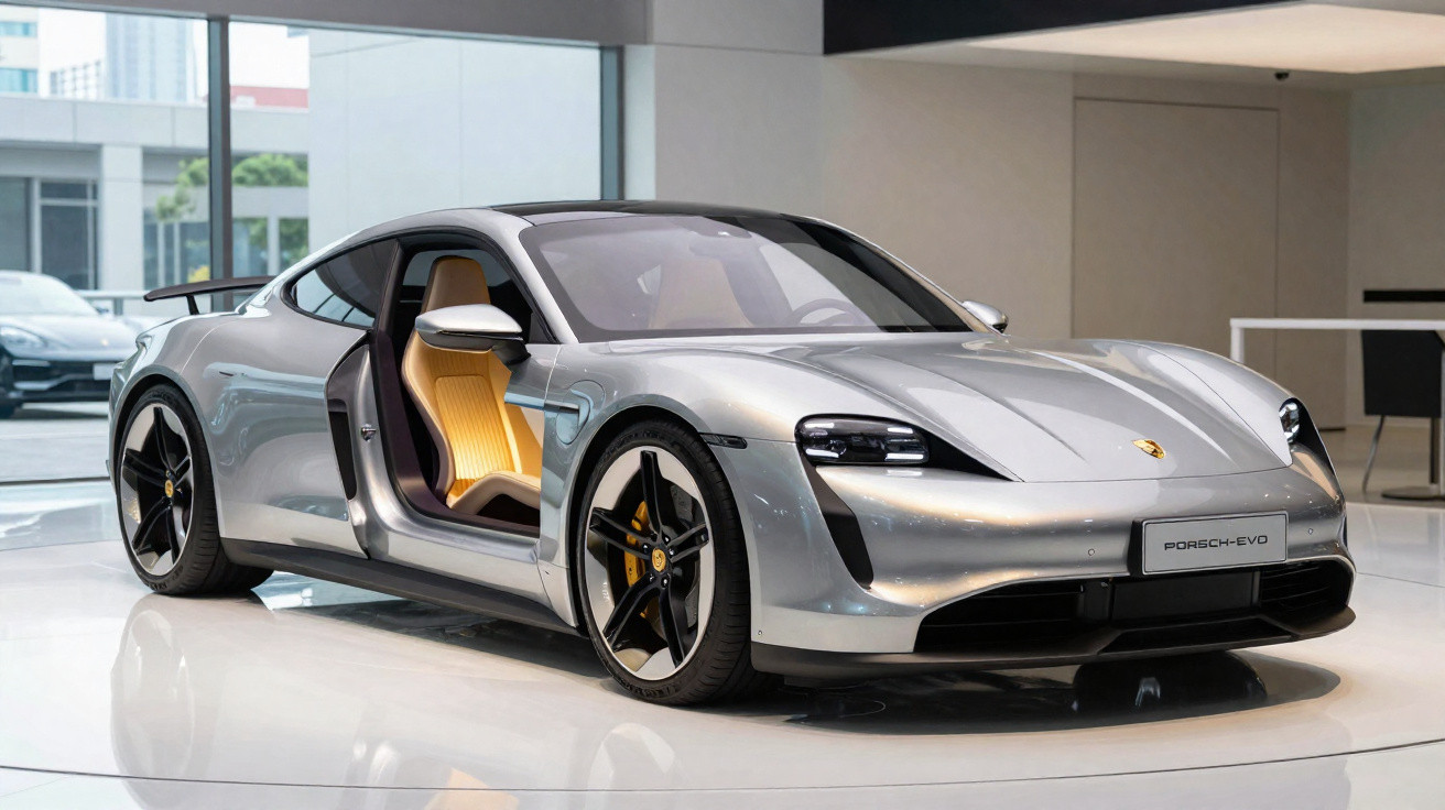 Carro desportivo Porsche Taycan 4S prateado estacionado em interior com porta dianteira aberta.