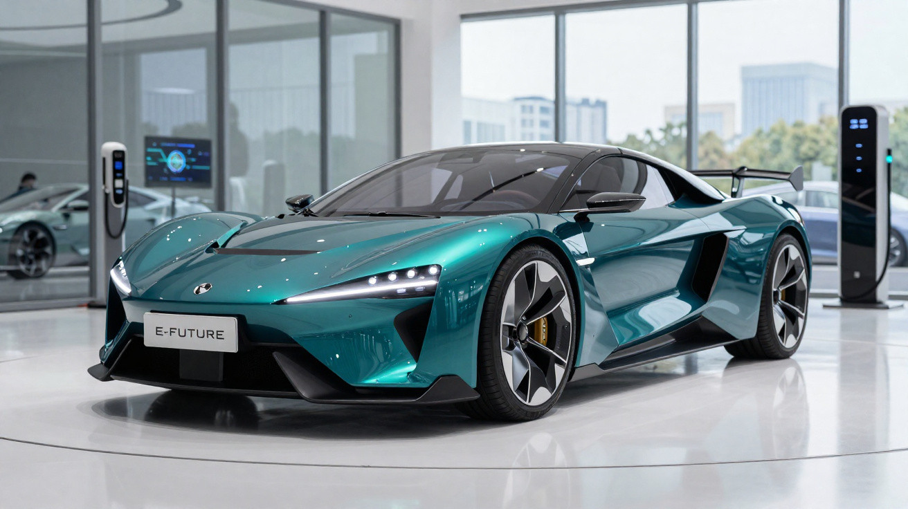 Carro desportivo eléctrico verde metálico brilhante em exposição num showroom moderno e espaçoso.