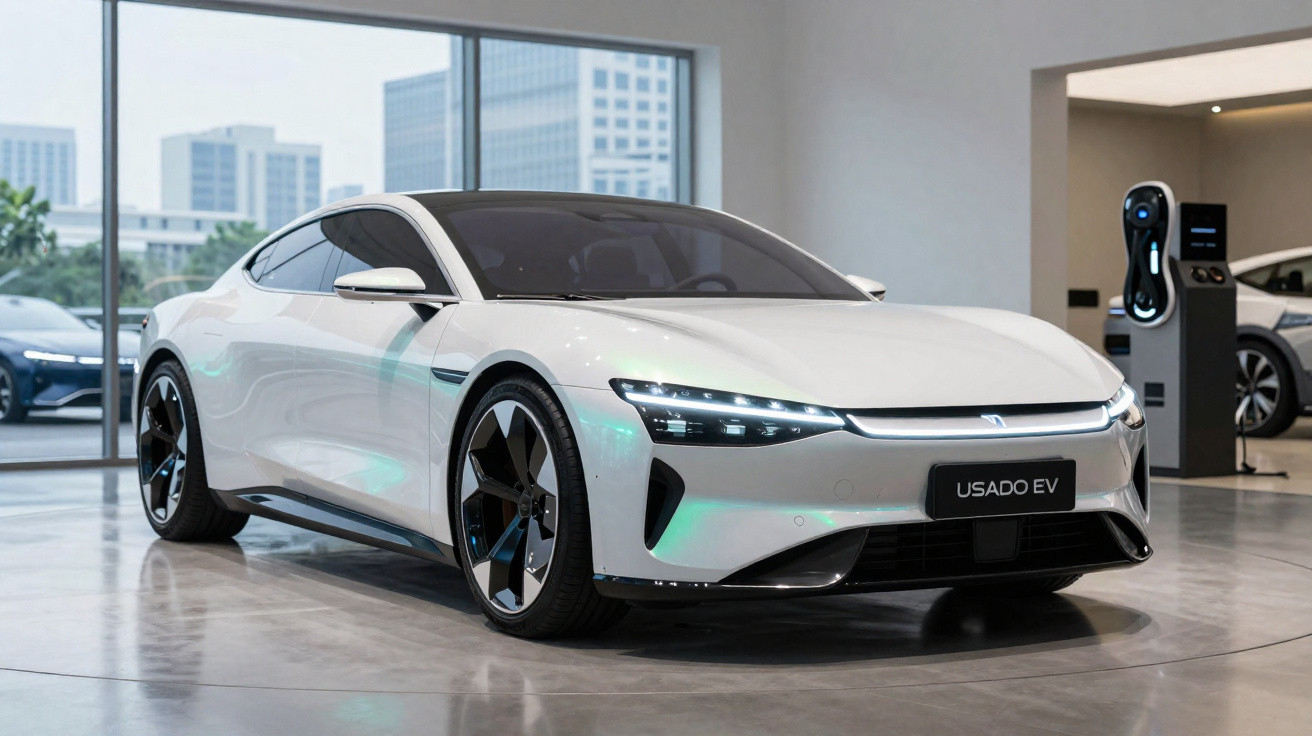 Carro elétrico branco moderno estacionado num showroom com painéis e vidros grandes ao fundo.