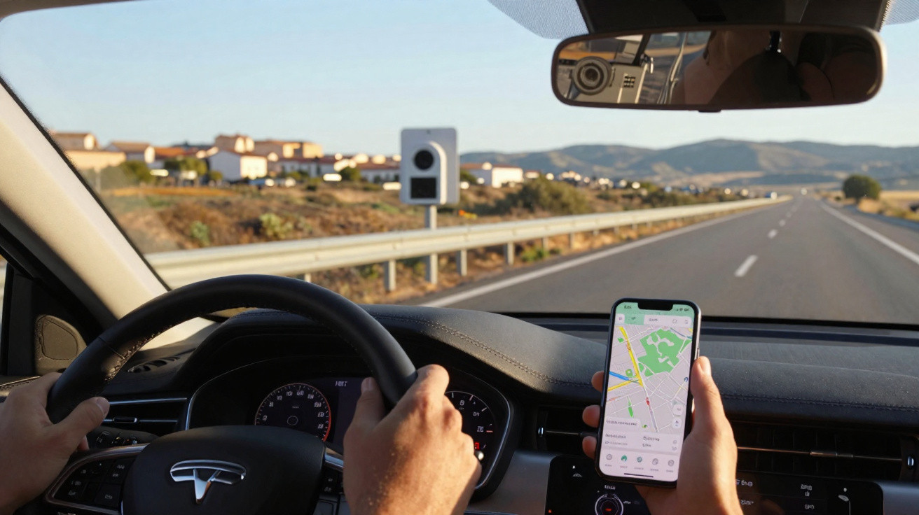 Interior de um carro Tesla conduzido por uma pessoa, com mão a segurar um telemóvel a mostrar mapa de navegação.