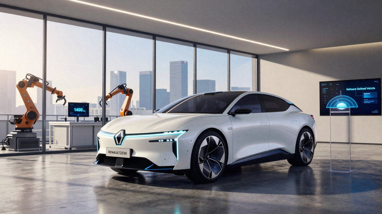 Carro elétrico Renault branco num laboratório moderno com braços robóticos e ecrãs digitais ao fundo.
