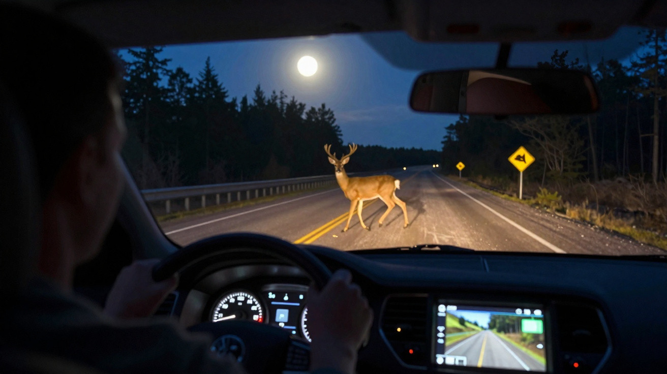 Veado atravessa estrada à noite, visto do interior de um carro com a lua cheia ao fundo.
