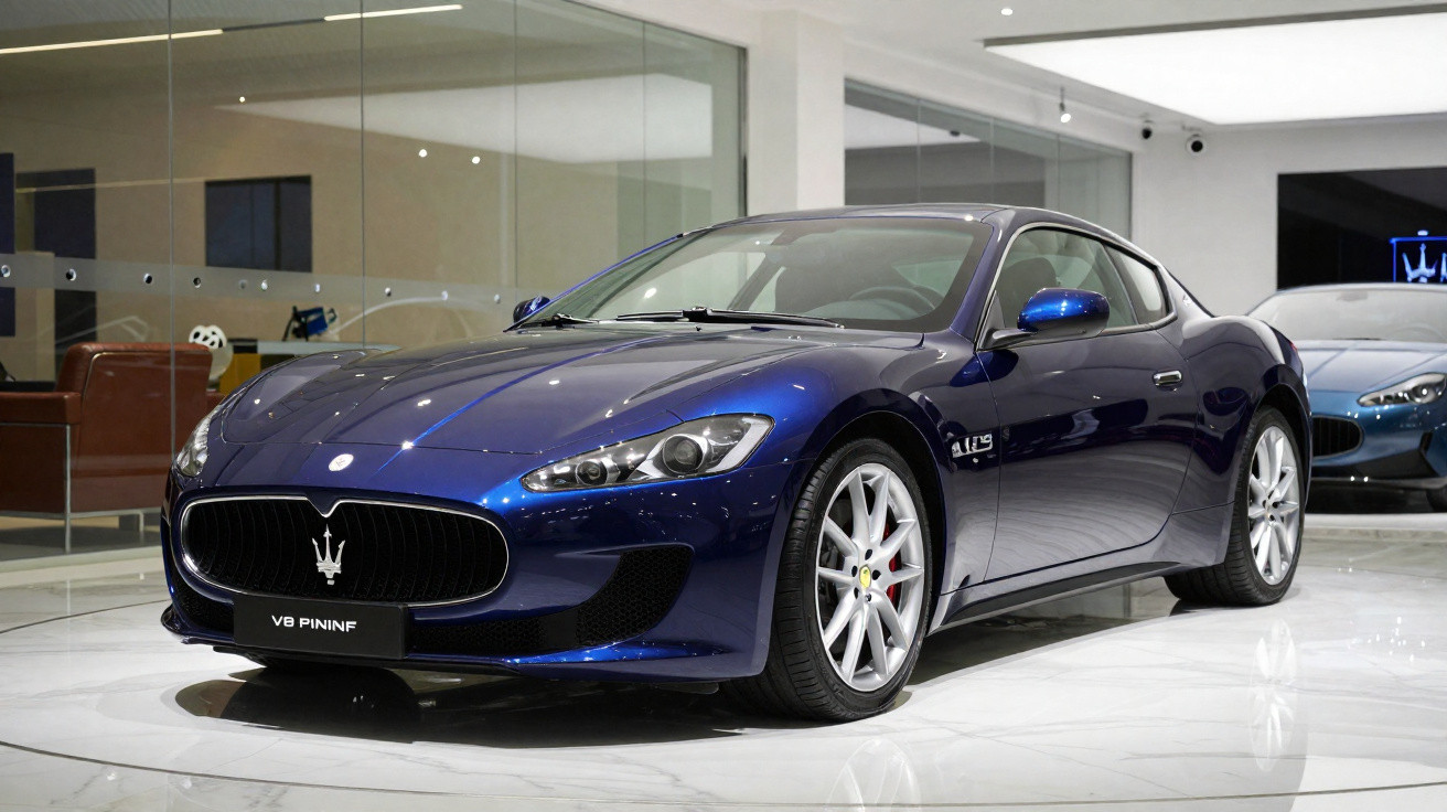 Desportivo Maserati azul escuro com jantes prateadas exibido num espaço interior moderno.