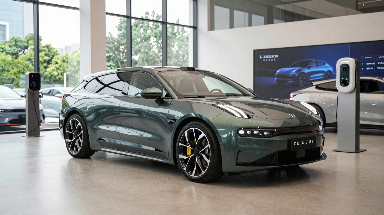 Carro elétrico verde Zeekr 7 GT numa sala de showroom moderna com estações de carregamento.