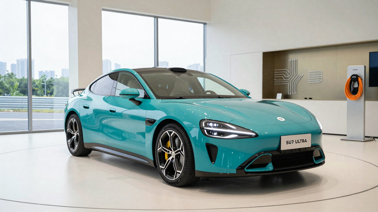Carro elétrico moderno azul exibido numa sala branca com grandes janelas e estação de carregamento.