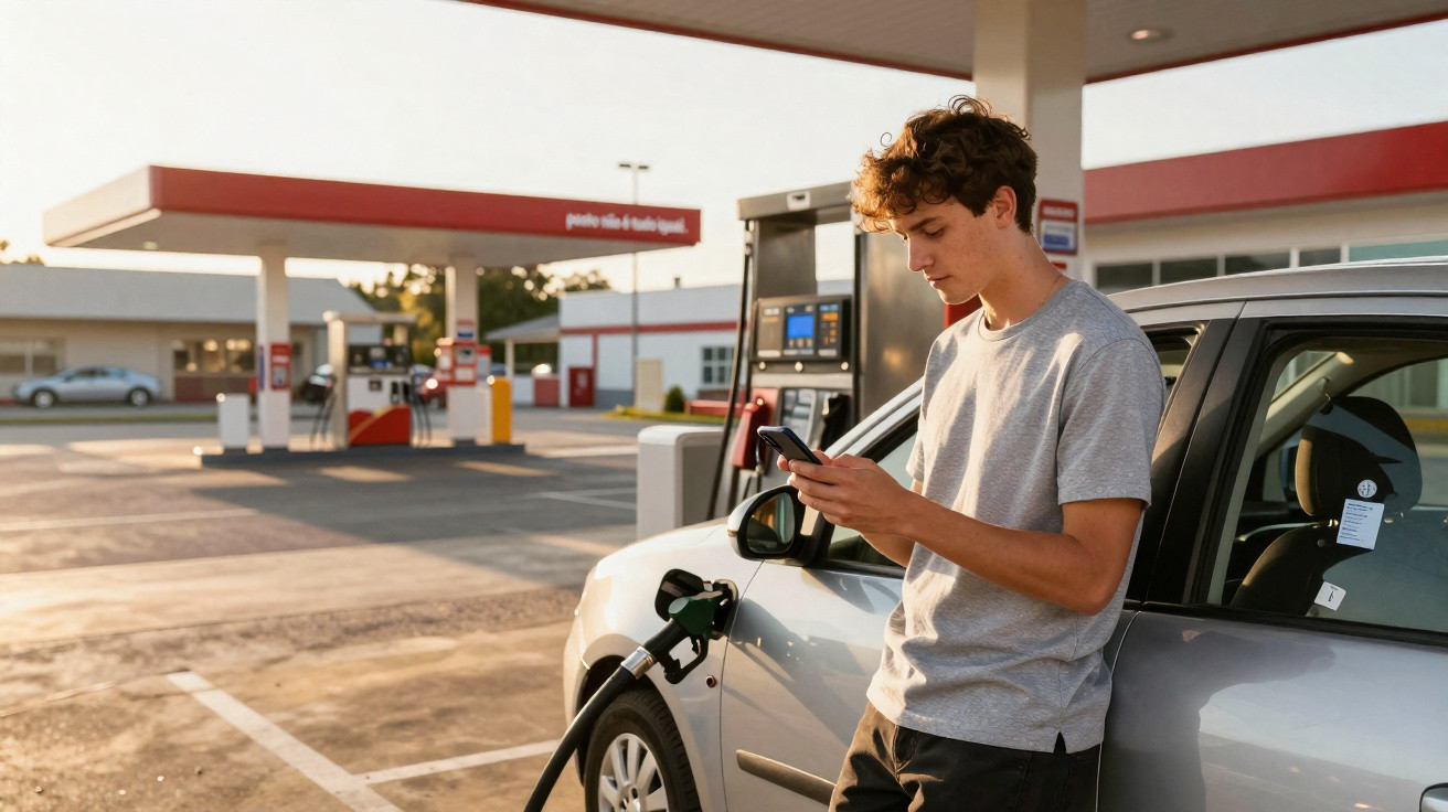 Jovem de camiseta cinza abastece carro prata numa bomba de gasolina enquanto olha para o telemóvel.