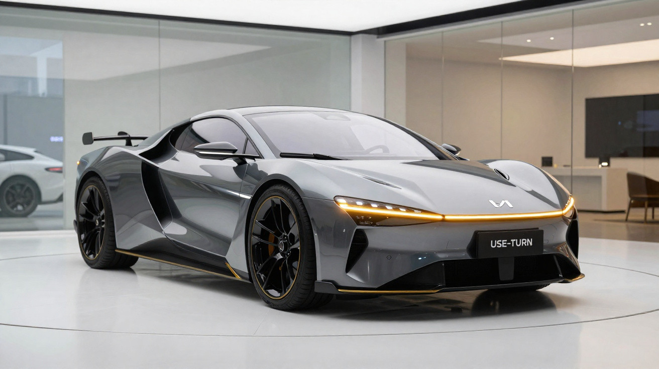 Carro desportivo cinzento metálico com faróis LED e design aerodinâmico exibido em showroom moderno.
