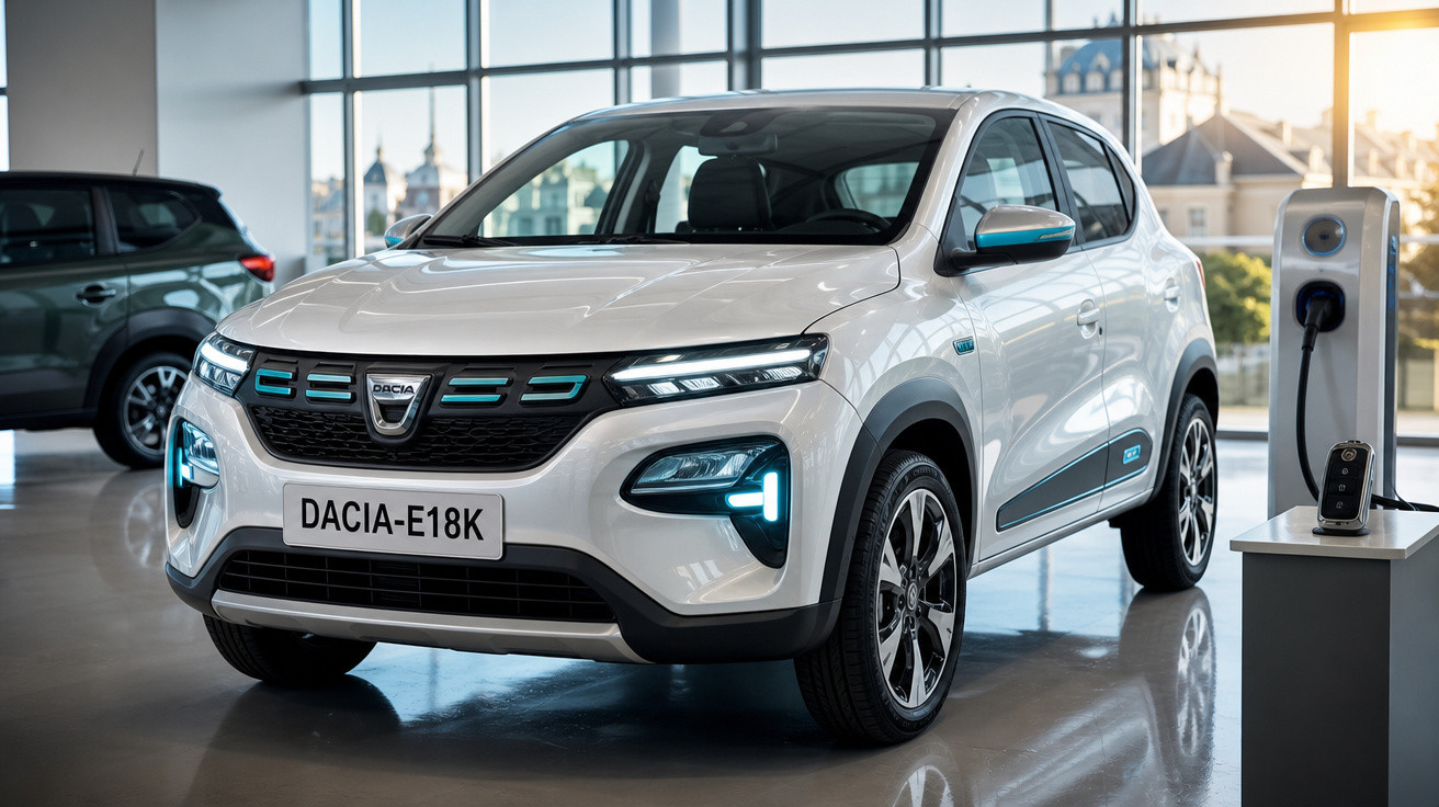 Carro elétrico branco Dacia E18K estacionado em showroom moderno com estação de carregamento ao lado.