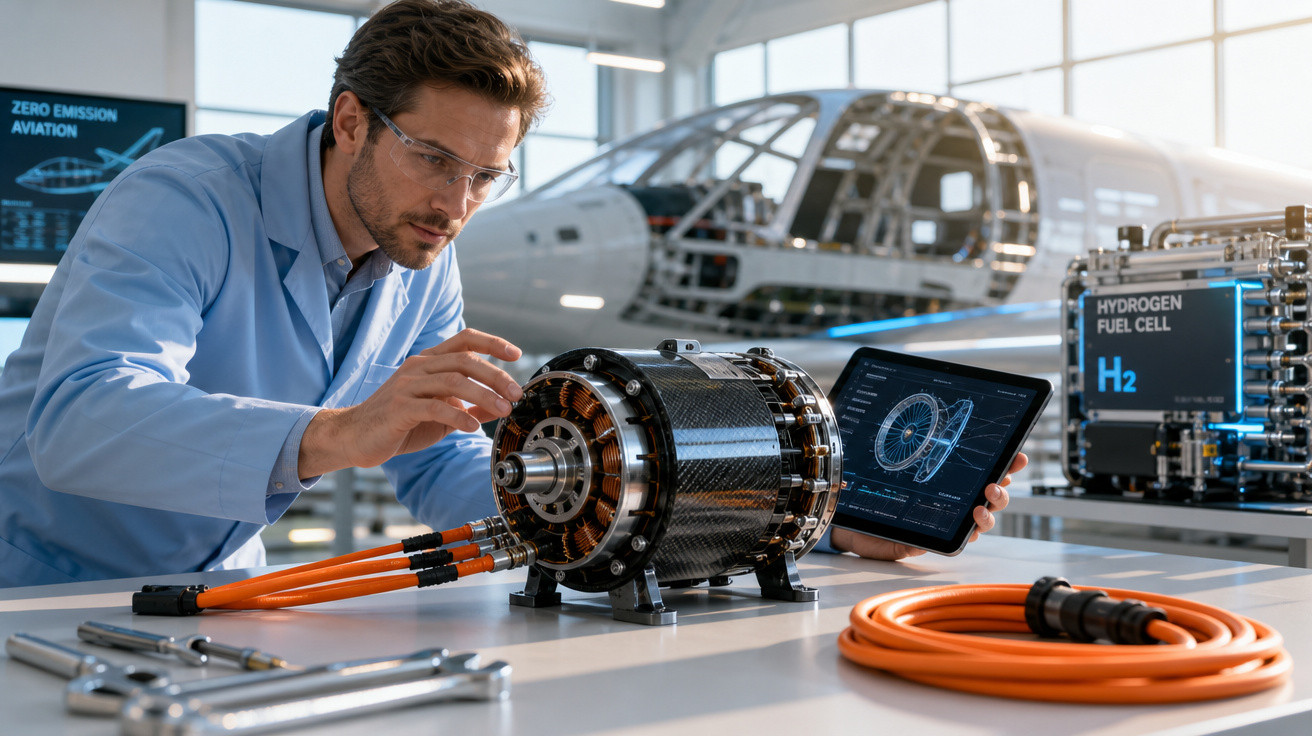 Engenheiro com bata azul analisa motor elétrico com tablet, em oficina de aviação sustentável.