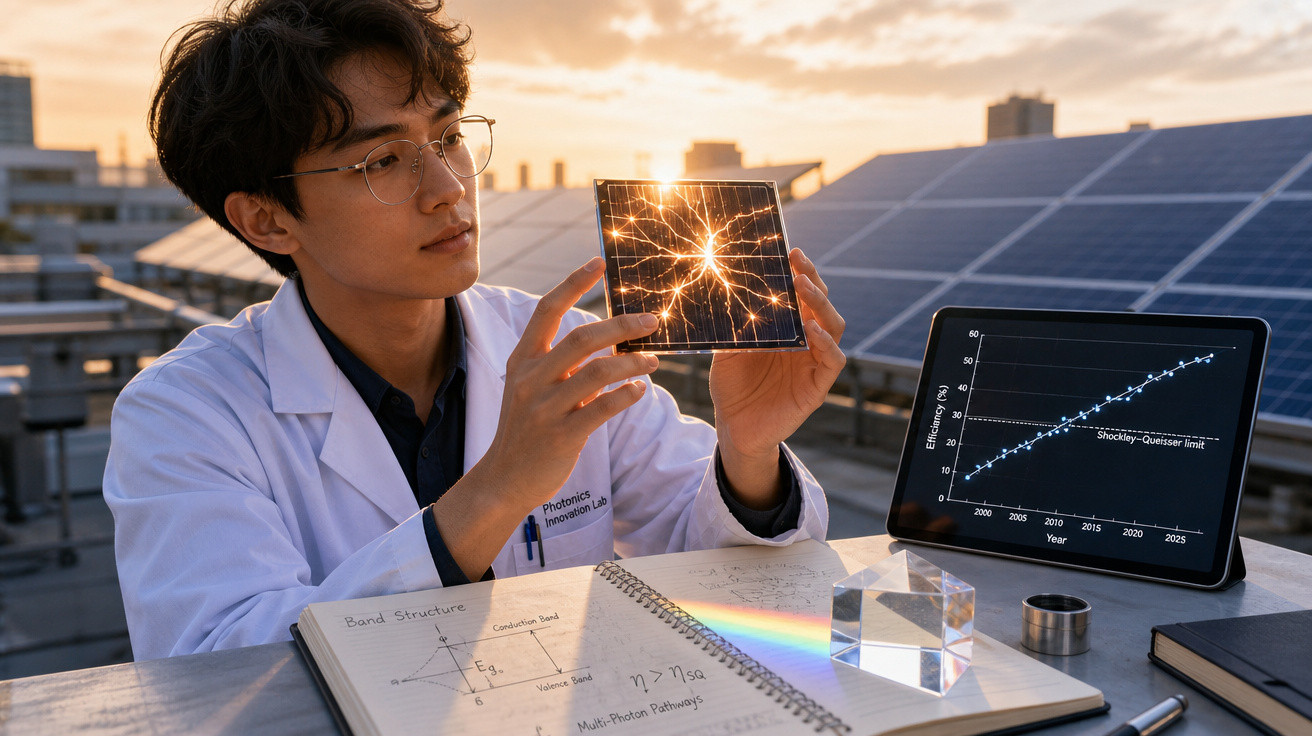 Cientista em laboratório solar analisa célula fotovoltaica com painéis solares ao fundo ao pôr do sol.