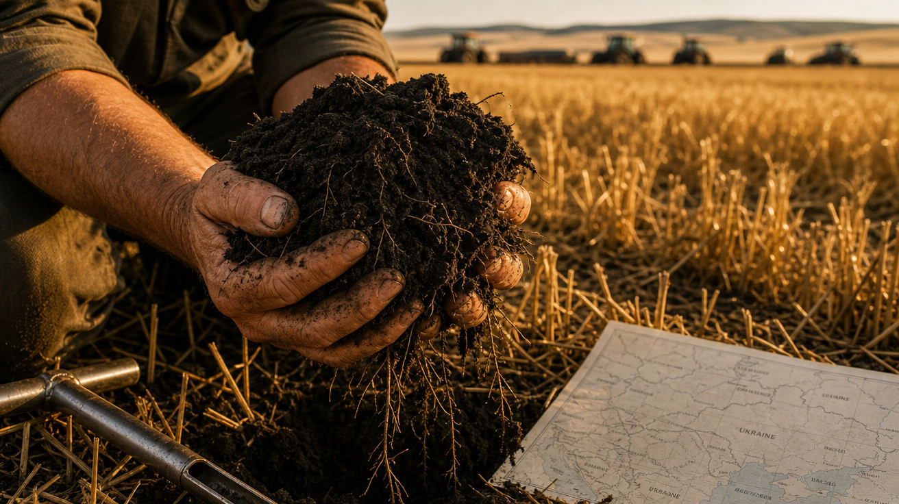 Mãos de agricultor seguram terra fértil numa plantação, com mapa e máquinas agrícolas ao fundo.