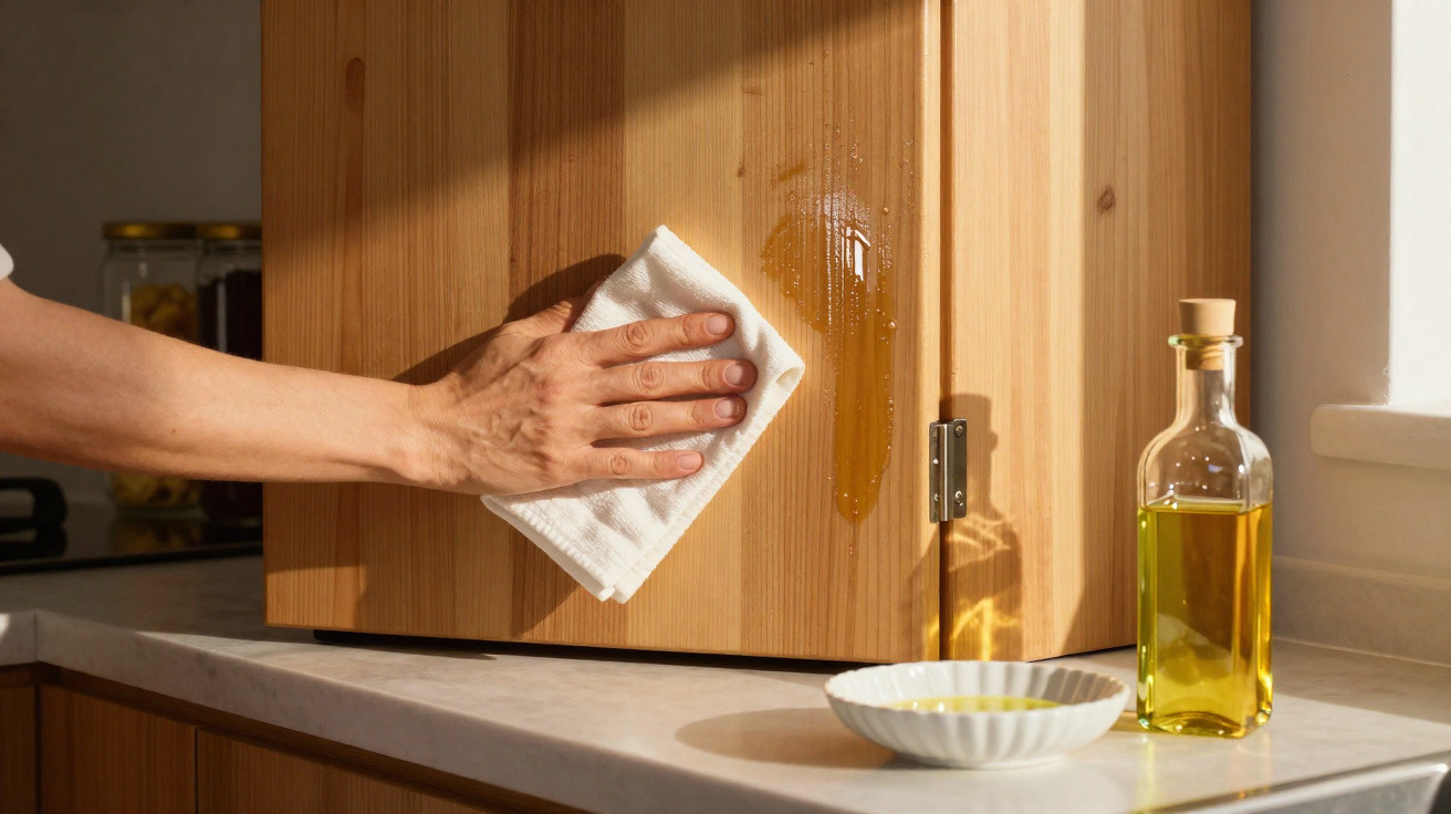 Mão a limpar derrame de azeite num armário de madeira com pano branco numa cozinha iluminada.