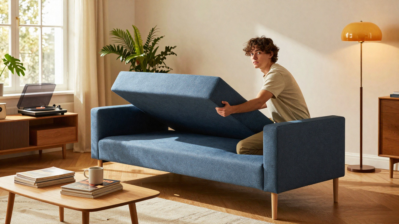 Homem jovem a abrir espaço de arrumação numa sofá azul numa sala luminosa e moderna.