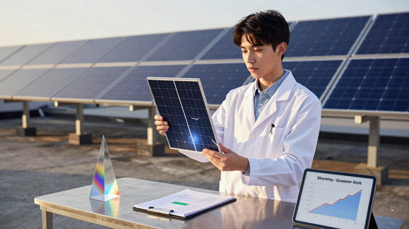 Homem a analisar painel solar com painéis solares ao fundo numa mesa com gráfico e prisma ótico.