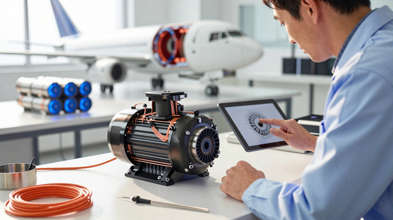 Engenheiro a analisar motor elétrico com tablet em laboratório de investigação aeronáutica com modelo de avião.