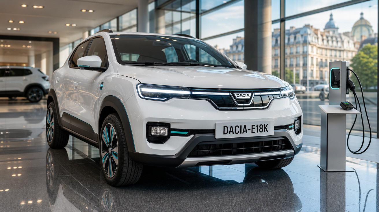 Carro elétrico branco Dacia E18K numa garagem moderna, ligado a uma estação de carregamento.