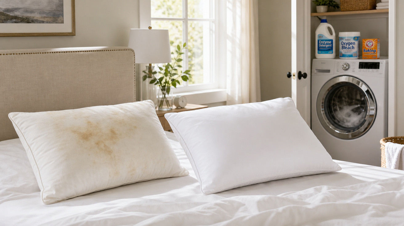 Almofadas numa cama, uma com manchas castanhas e outra limpa, com máquina de lavar e detergentes ao fundo.
