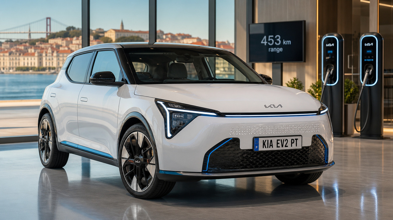 Automóvel elétrico branco Kia EV2 estacionado em interior moderno com carregadores e vista de ponte e cidade.