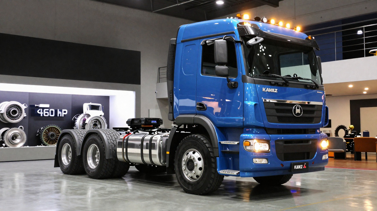 Camião azul Kamaz sem reboque exposto em salão com luzes ligadas e pneus grandes.
