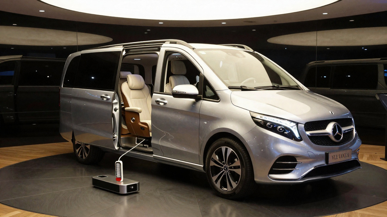 Carrinha Mercedes-Benz prateada com portas laterais abertas, mostrando interiores em tom bege.