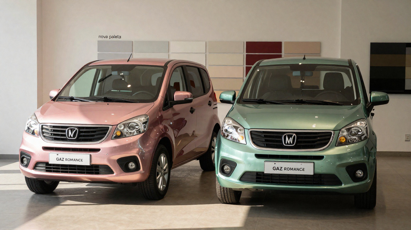 Dois carros compactos Gaz Romance, um rosa e outro verde, exibidos em showroom com parede clara ao fundo.
