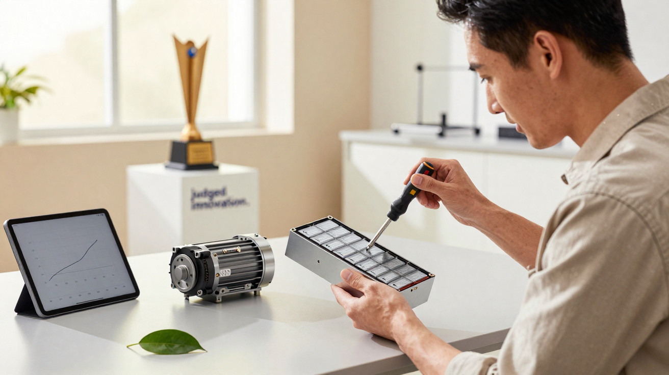 Homem a montar componente eletrónico com chave de fendas numa mesa com motor e tablet ao lado.