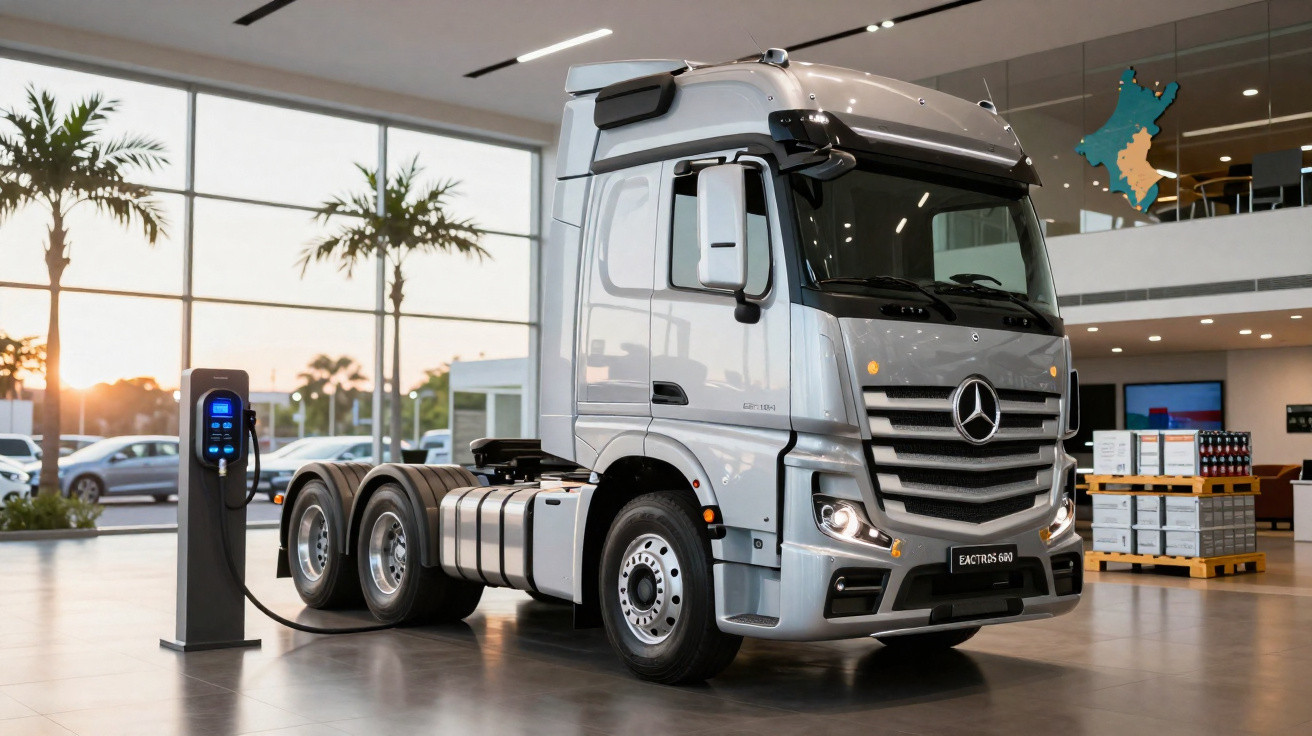 Camião eléctrico Mercedes-Benz prata em recarregamento numa loja moderna com janelas amplas e palmeiras.