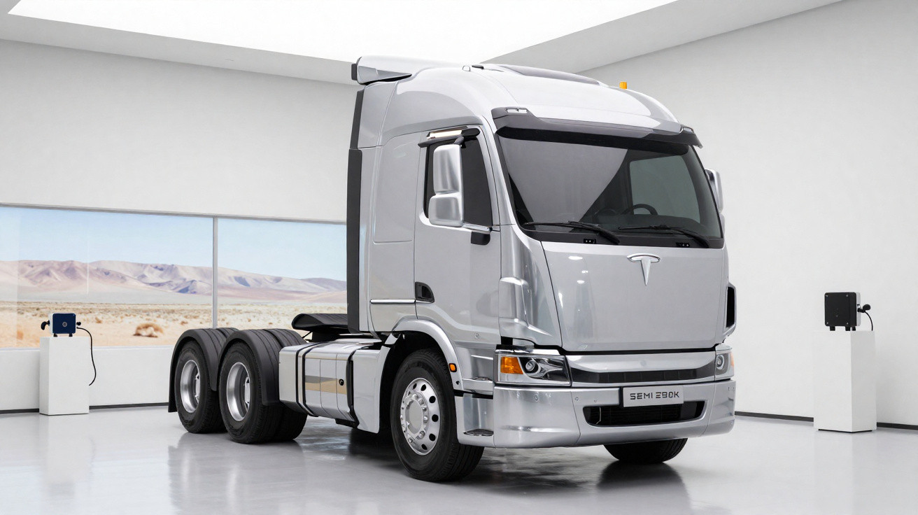 Camião elétrico Tesla Semi 290K prateado estacionado em espaço interior minimalista com janelas panorâmicas.