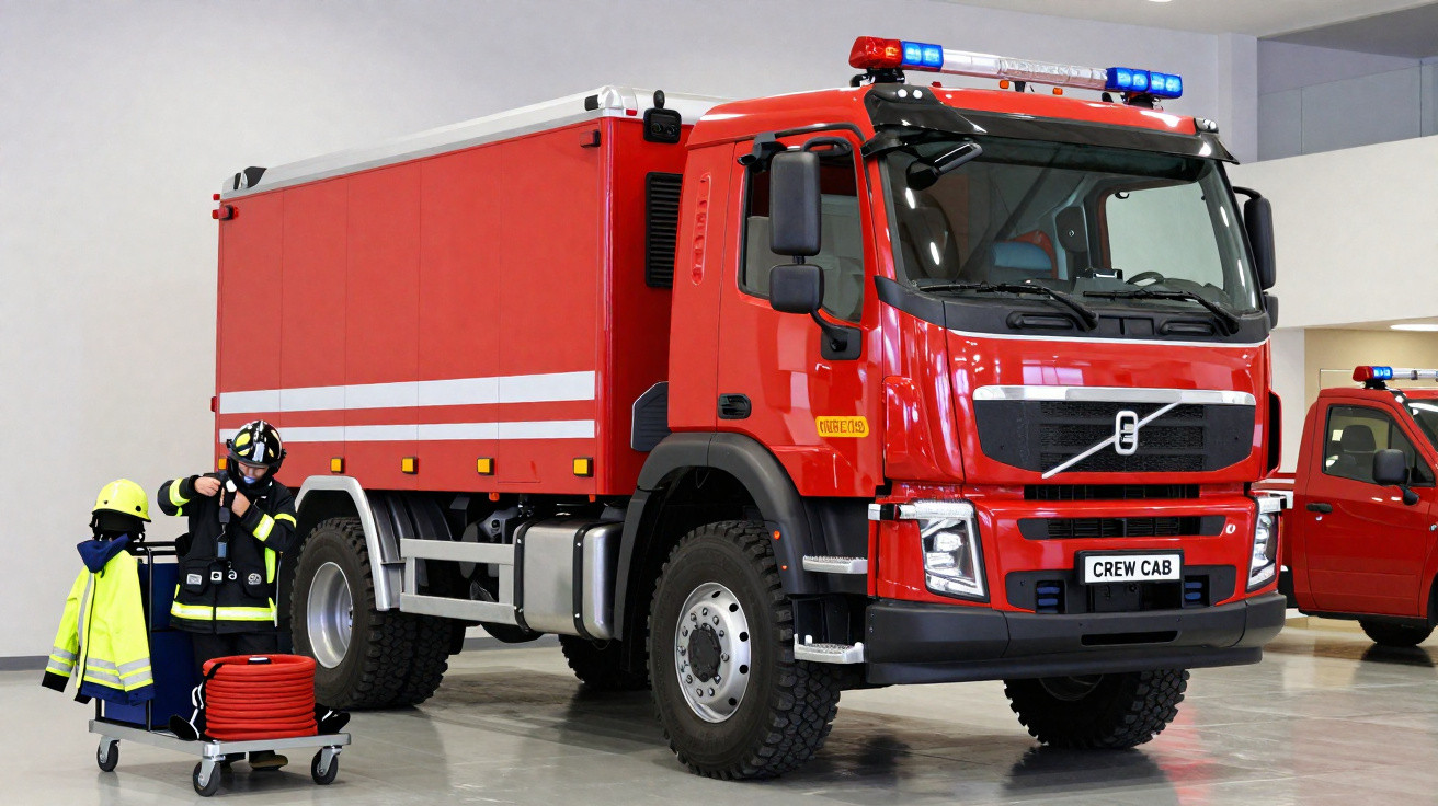 Camião de bombeiros vermelho estacionado em interior com manequim vestido com equipamento de combate a incêndios.