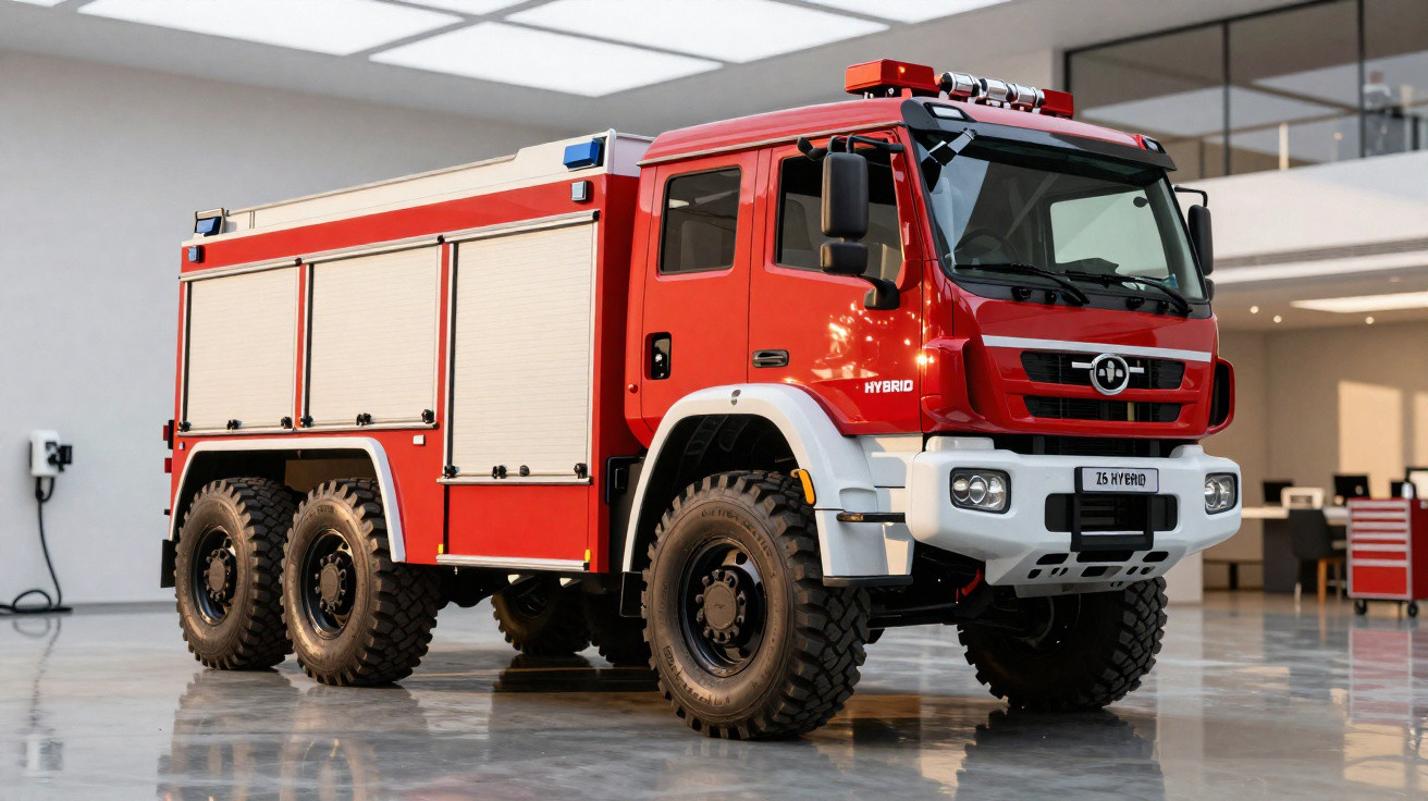 Camião de bombeiros híbrido vermelho estacionado numa garagem moderna com chão refletor.
