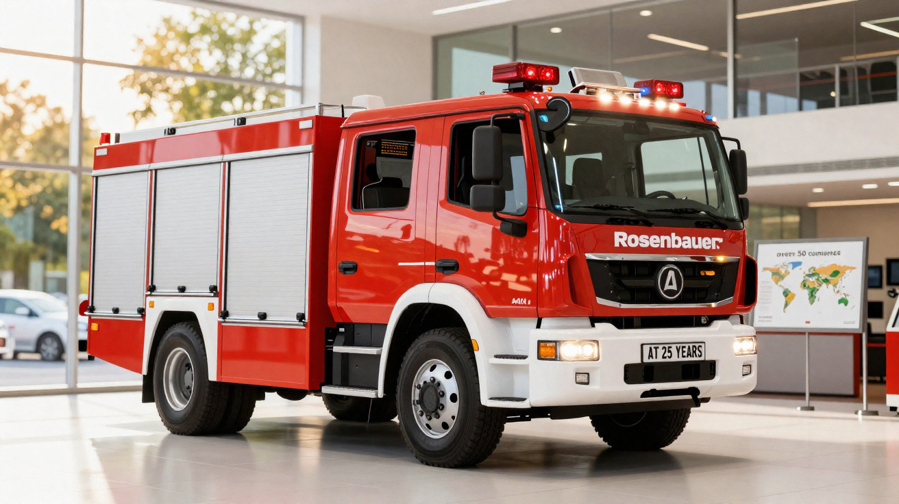 Camião de bombeiros vermelho Rosenbauer estacionado dentro de edifício moderno com iluminação natural.