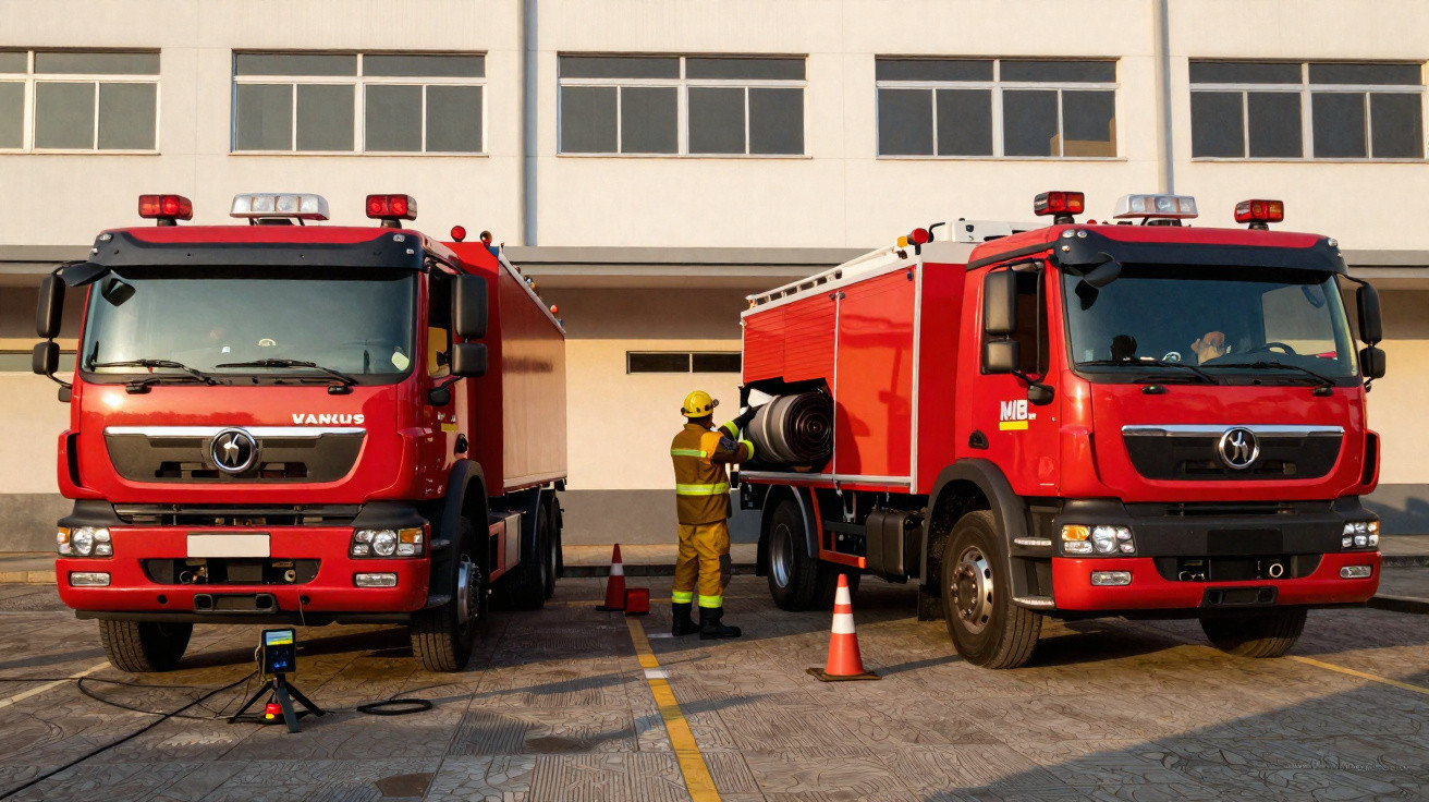 Dois camiões de bombeiros vermelhos estacionados com bombeiro em uniforme amarelo entre eles.
