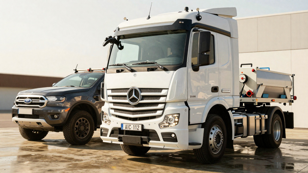 Camião branco Mercedes-Benz estacionado ao lado de um carro Ford Ranger cinzento num pátio industrial.