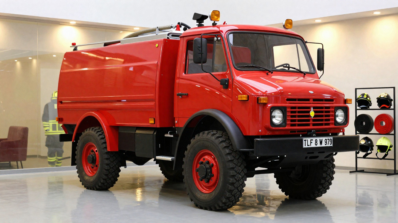 Camião de bombeiros vermelho estacionado em espaço interior com capacetes e mangueiras ao fundo.