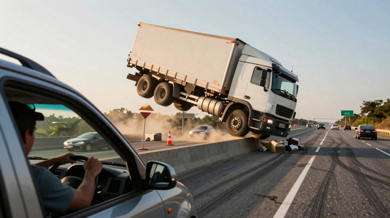 Camião descontrolado a levantar-se no separador central numa autoestrada, enquanto um carro passa próximo.