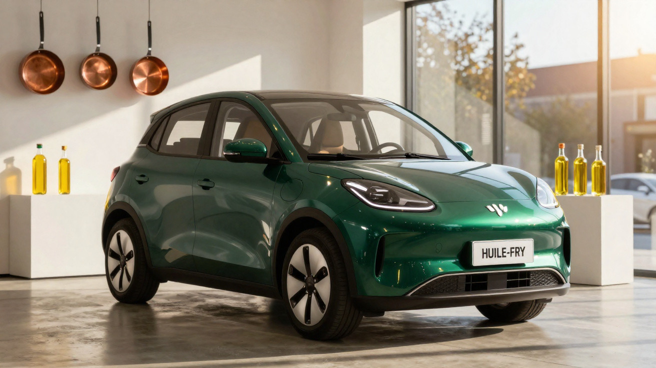Carro elétrico verde estacionado numa sala com panelas de cobre e garrafas amarelas ao fundo.