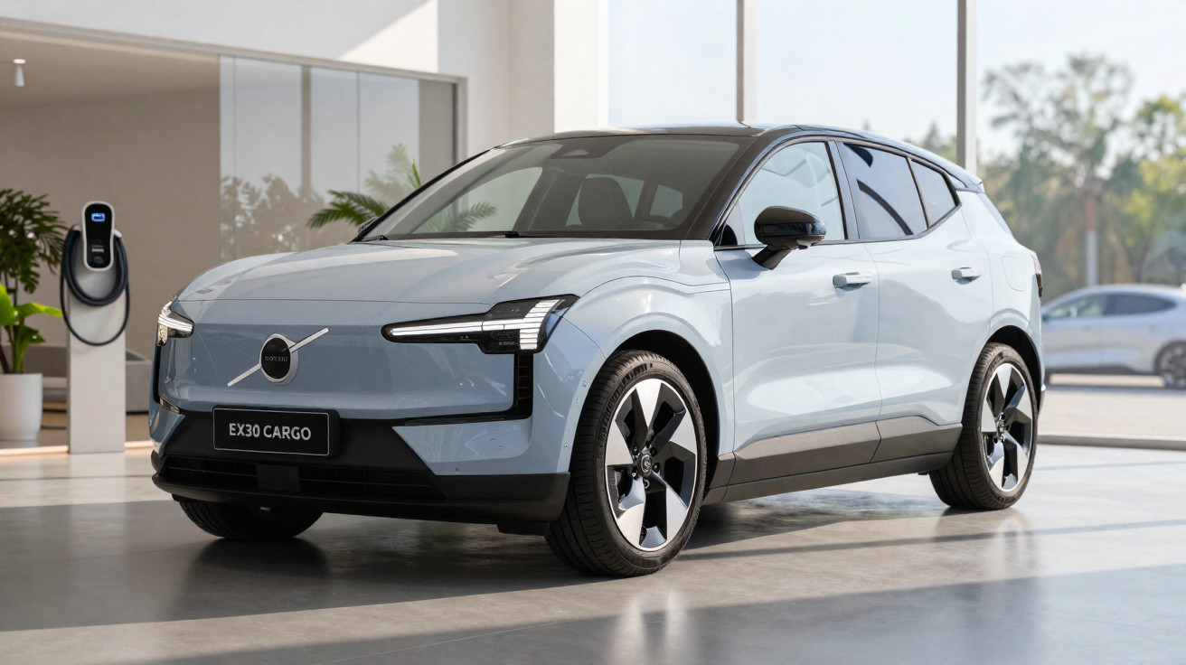 Carro elétrico Volvo EX30 Cargo cinza estacionado em salão moderno com estação de carregamento.