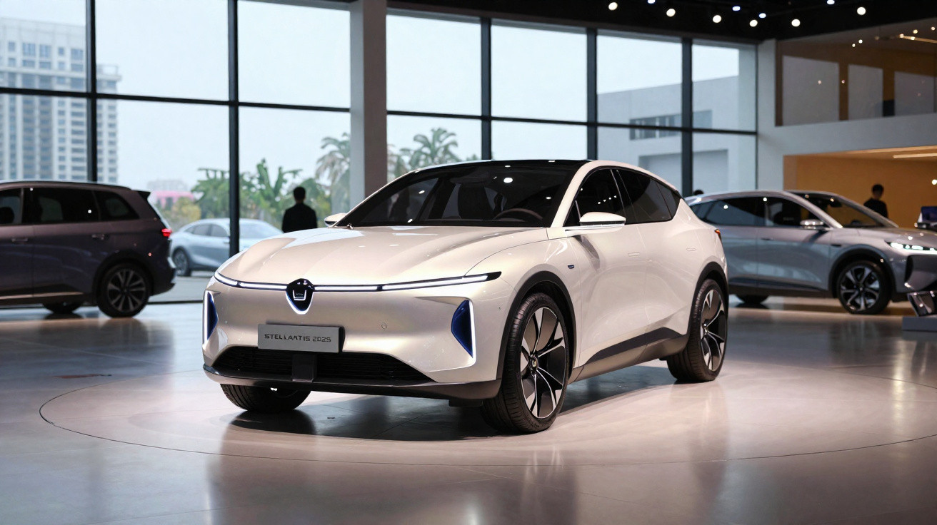Carro elétrico branco moderno em exposição com janelas amplas ao fundo, iluminação suave e design futurista.