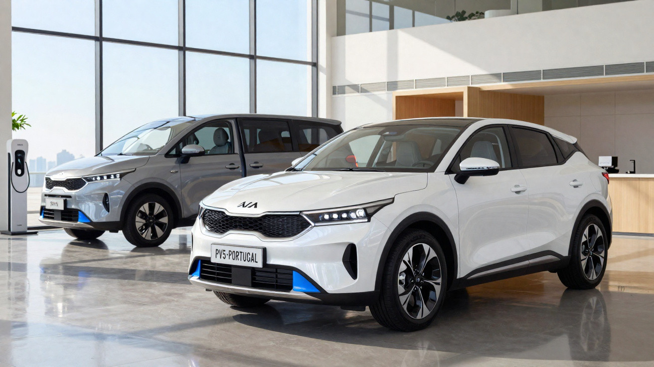 Dois carros elétricos Kia EV6 expostos em concessionária com grandes janelas e carregadores.