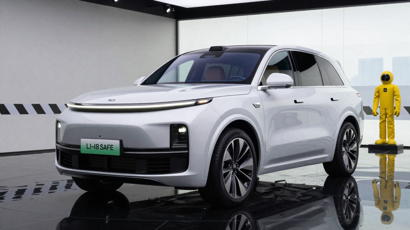 Carro elétrico branco estacionado num showroom moderno com figura amarela ao fundo.
