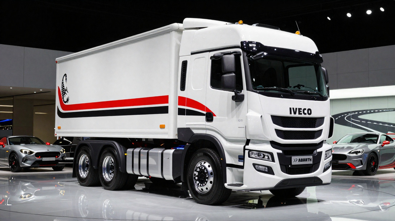 Camião branco Iveco com faixa vermelha e preta exibido num salão automóvel moderno.