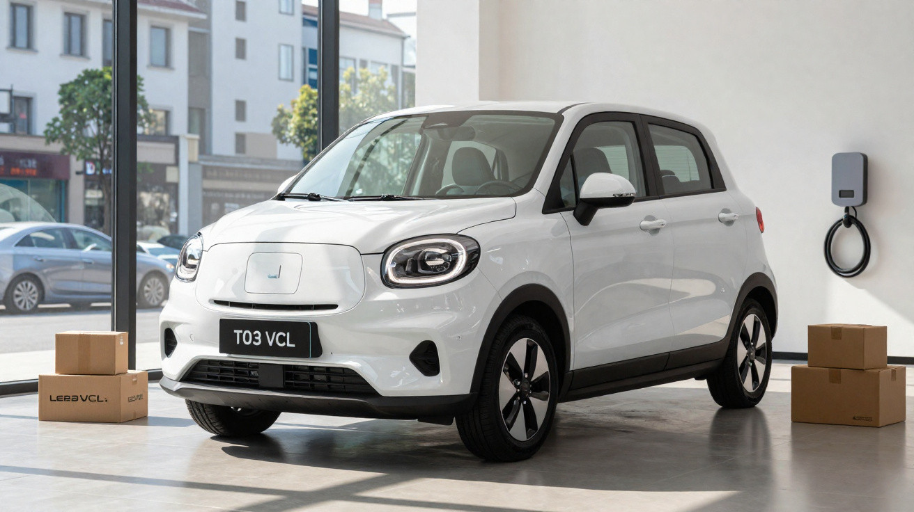 Carro elétrico compacto branco estacionado em garagem com carregador e caixas de papelão ao lado.