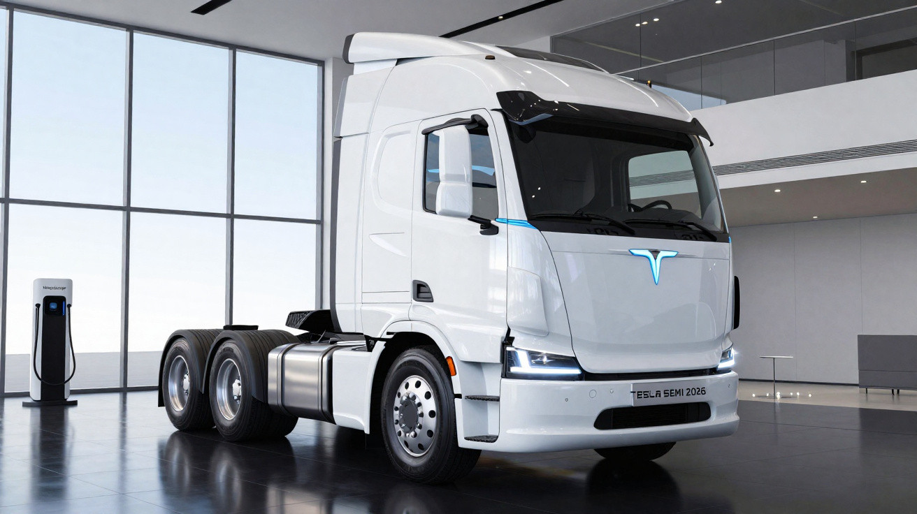 Camião elétrico branco Tesla Semi 2026 numa sala moderna com carregador elétrico ao fundo.