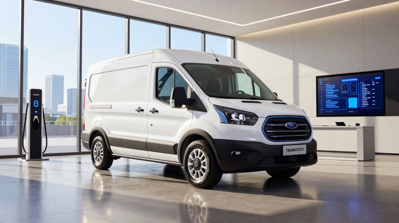 Furgão branco Ford Transit City elétrico estacionado em espaço moderno com carregador e monitor digital.