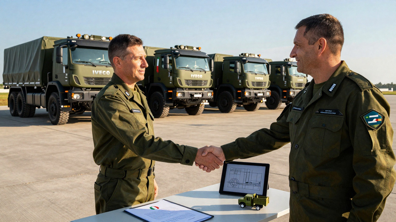 Dois militares cumprimentam-se ao lado de camiões militares verdes com maquete e planta de camião na mesa.