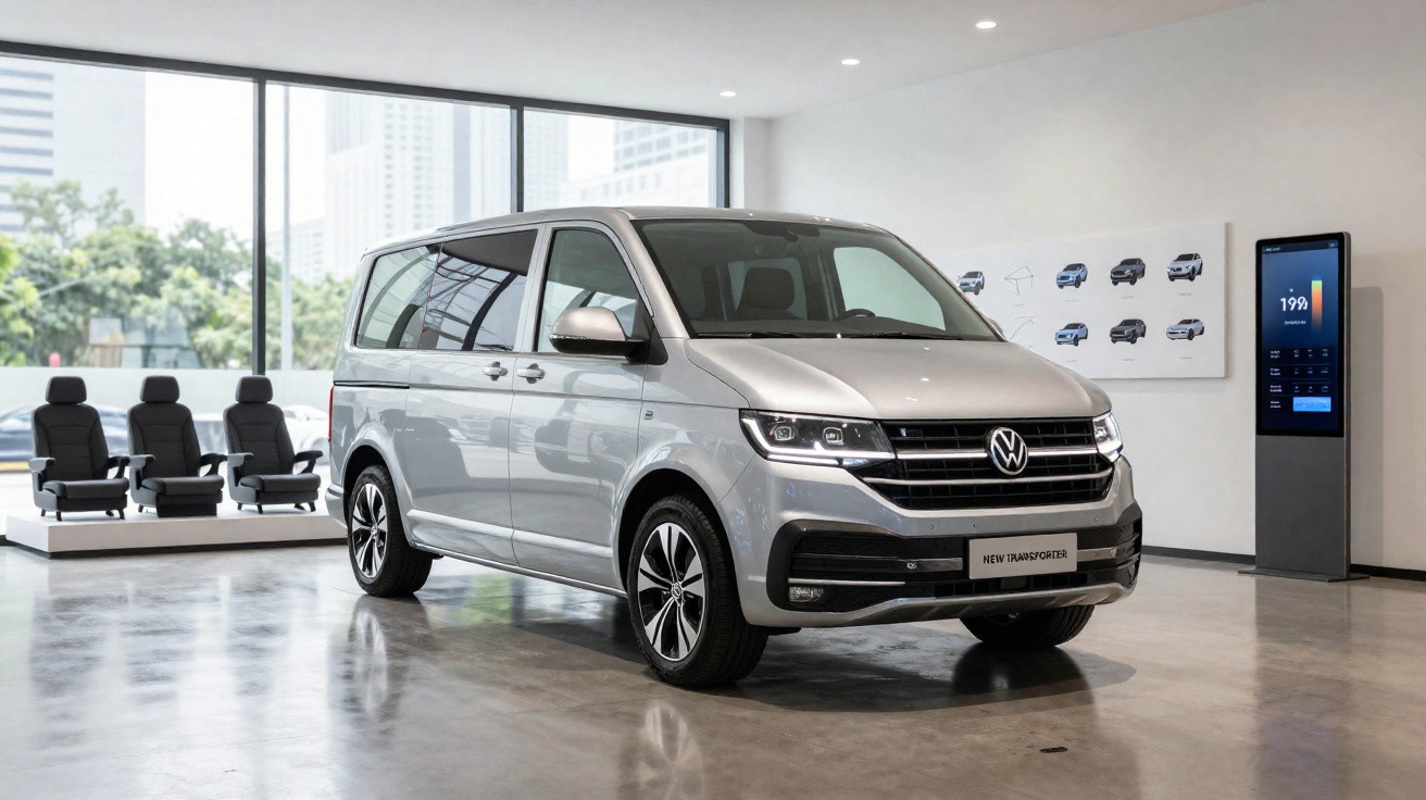 Carrinha Volkswagen Transporter prata exposta em stand moderno com cadeiras e painéis ao fundo.