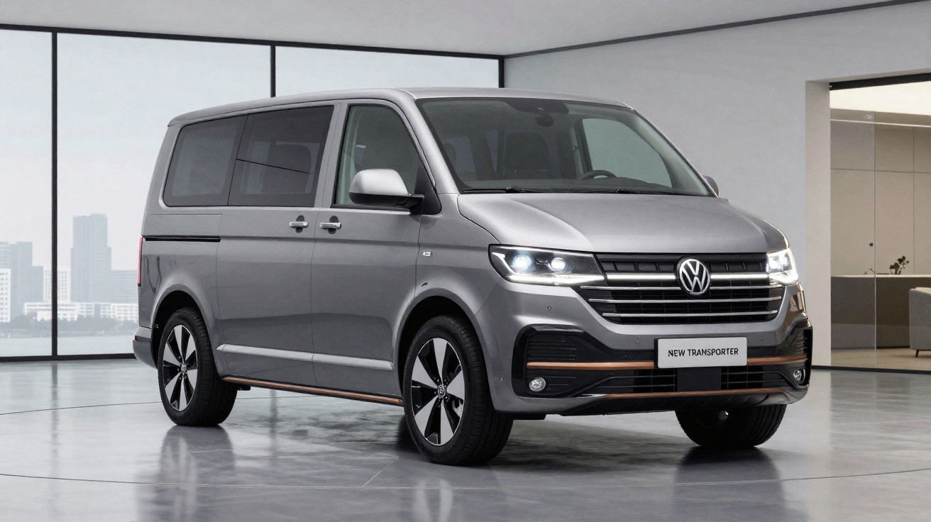 Carro Volkswagen New Transporter cinza estacionado em ambiente interior moderno e iluminado.